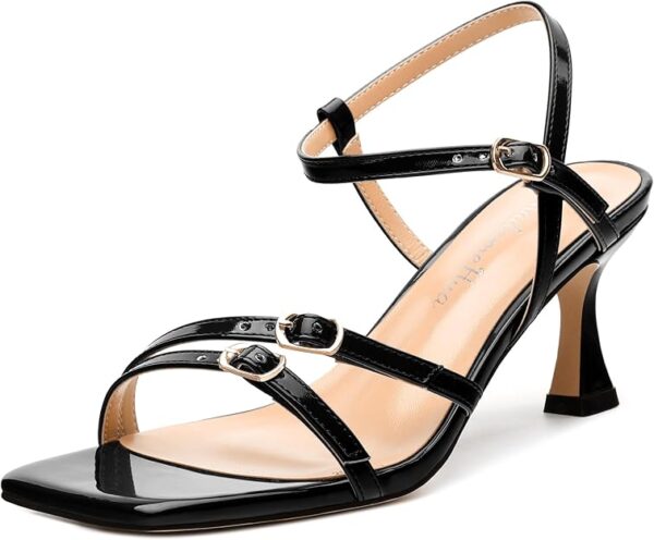 Women's Heeled Sandals, Square Open Toe Strappy Kitten Heels Ankle Strap Dress Sandals for Women
