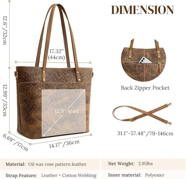 S-ZONE Leather Tote Bag for Women Large Work Totes Designer with Adjustable Strap - Image 3