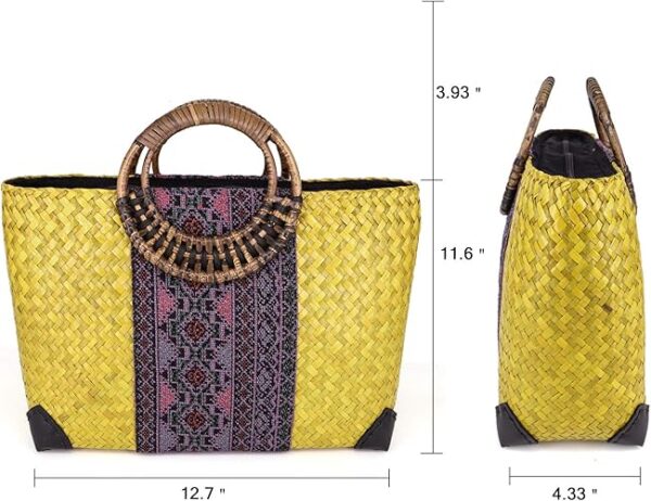 Women Summer Retro Straw Bag with Printing Hand-woven Beach Handbag Top Round Handle - Image 2