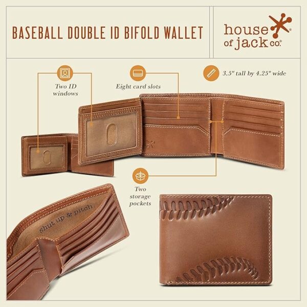 House of Jack Co. Baseball Bifold Wallet for Men with Two ID Windows, Baseball Fan Gift, Full Grain Cowhide Leather Wallet, Brown - Image 3