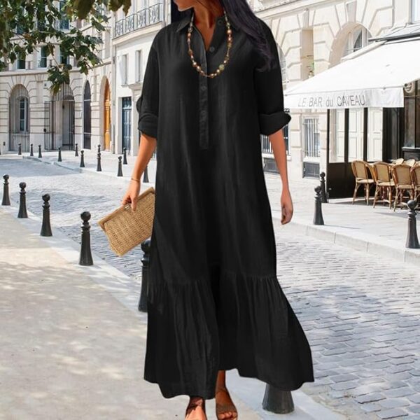 Womens Cotton Linen Dress Casual Button Down Long Sleeve Flowy Plus Size Lapel Collared Maxi Dresses Shirt Dress - Image 4