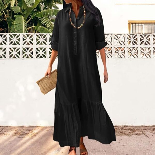 Womens Cotton Linen Dress Casual Button Down Long Sleeve Flowy Plus Size Lapel Collared Maxi Dresses Shirt Dress - Image 3