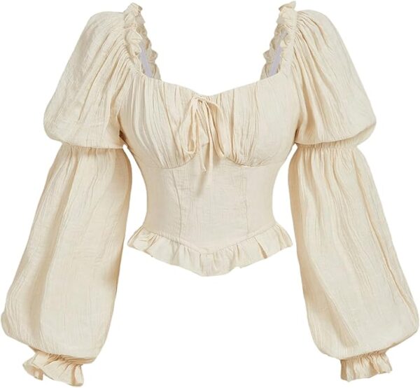 MakeMeChic Women's Renaissance Peasant Corset Tops Puff Long Sleeve Ruched Bust Ruffled Peplum Sweetheart Blouse