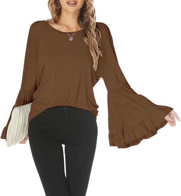 Hount Women Casual Long Bell Sleeve Tops Loose Round Neck T Shirt Flare Sleeve Shirt Tops