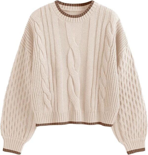 ZAFUL Women's Solid Knit Cable Sweater Casual Long Lantern Sleeve Pullover Crew Neck Knitted Tops