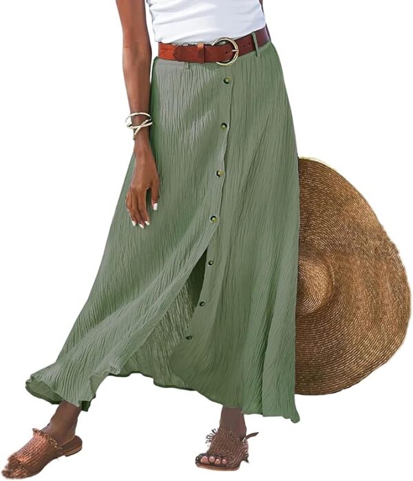 Women's Button Front Maxi Skirt Mid Waist Boho A Line Skirt Summer Cotton Pleated Slit Skirt Flowy Swing Long Skirt