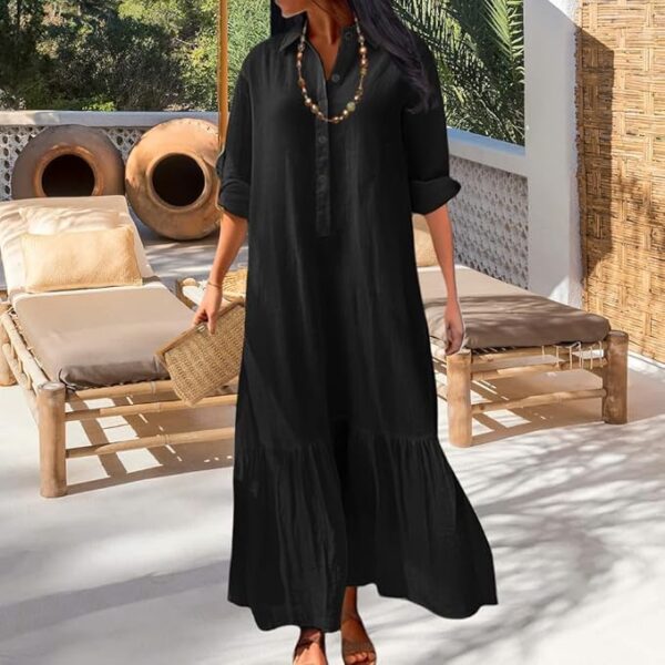 Womens Cotton Linen Dress Casual Button Down Long Sleeve Flowy Plus Size Lapel Collared Maxi Dresses Shirt Dress - Image 5